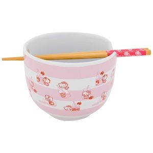 Sanrio Hello Kitty Strawberry Milk Striped Ramen Bowl with Chopsticks